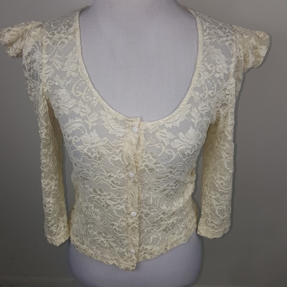 NWOT Vintage Lace Button Down Puffy Shoulder Top - Picture 2 of 8